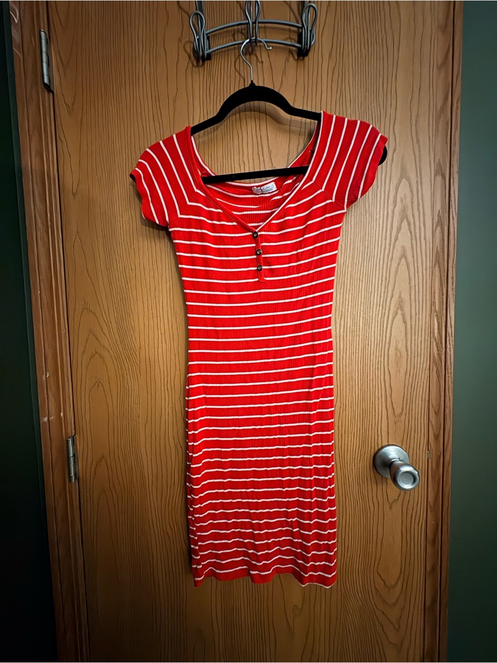 Red & White Striped Midi Dress with Button Placket